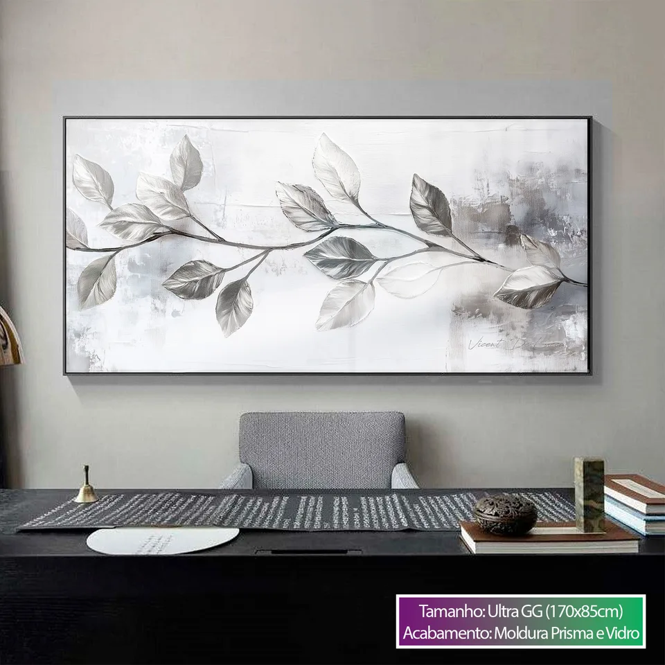 Quadro Ramo Prateado, pintura branca com prateado, fundo claro e ramo prateado, moldura preta com vidro, escritório claro com cinza