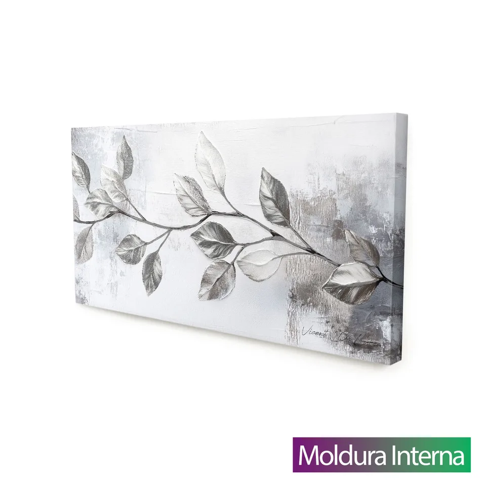 Quadro Ramo Prateado, pintura branca com prateado, fundo claro e ramo prateado, moldura interna
