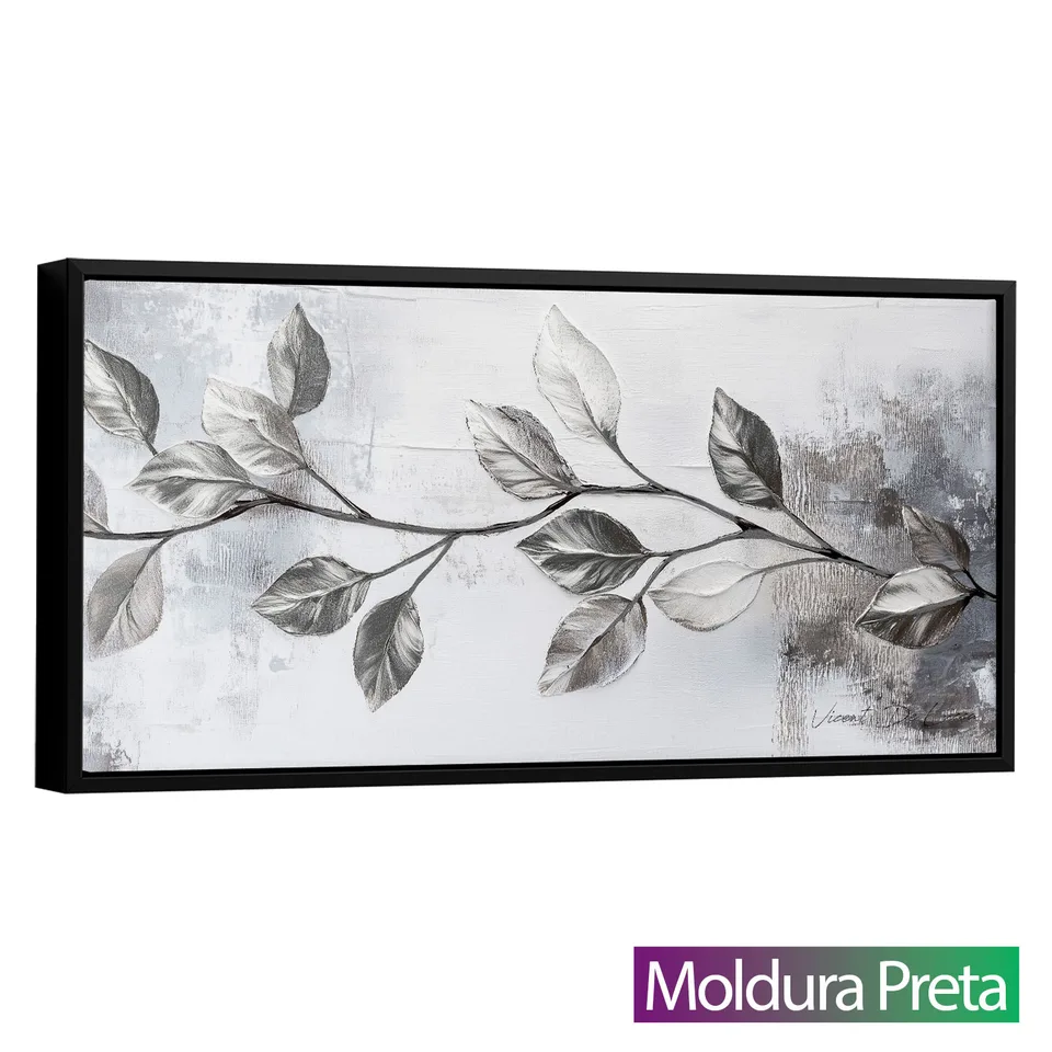 Quadro Ramo Prateado, pintura branca com prateado, fundo claro e ramo prateado, moldura preta
