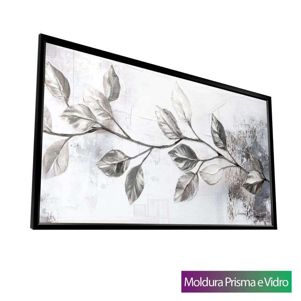 Quadro Ramo Prateado, pintura branca com prateado, fundo claro e ramo prateado, moldura preta com vidro
