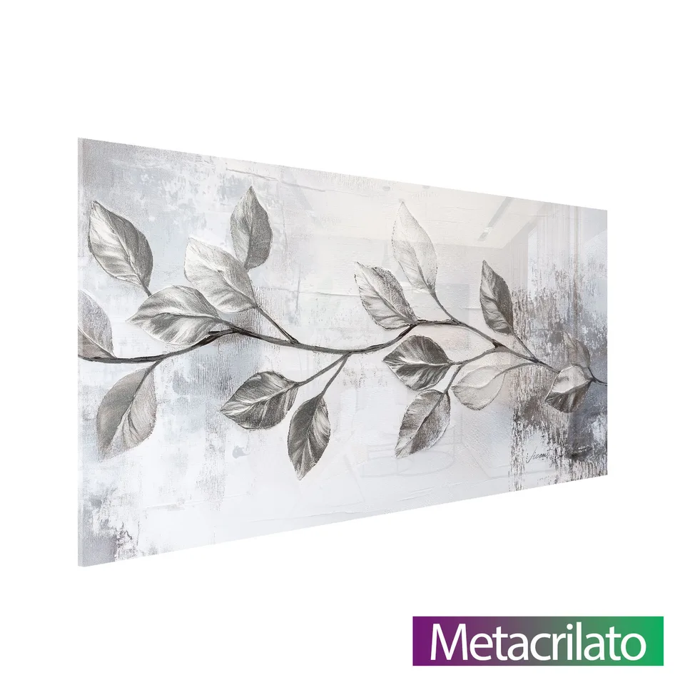 Quadro Ramo Prateado, pintura branca com prateado, fundo claro e ramo prateado, moldura metacrilato