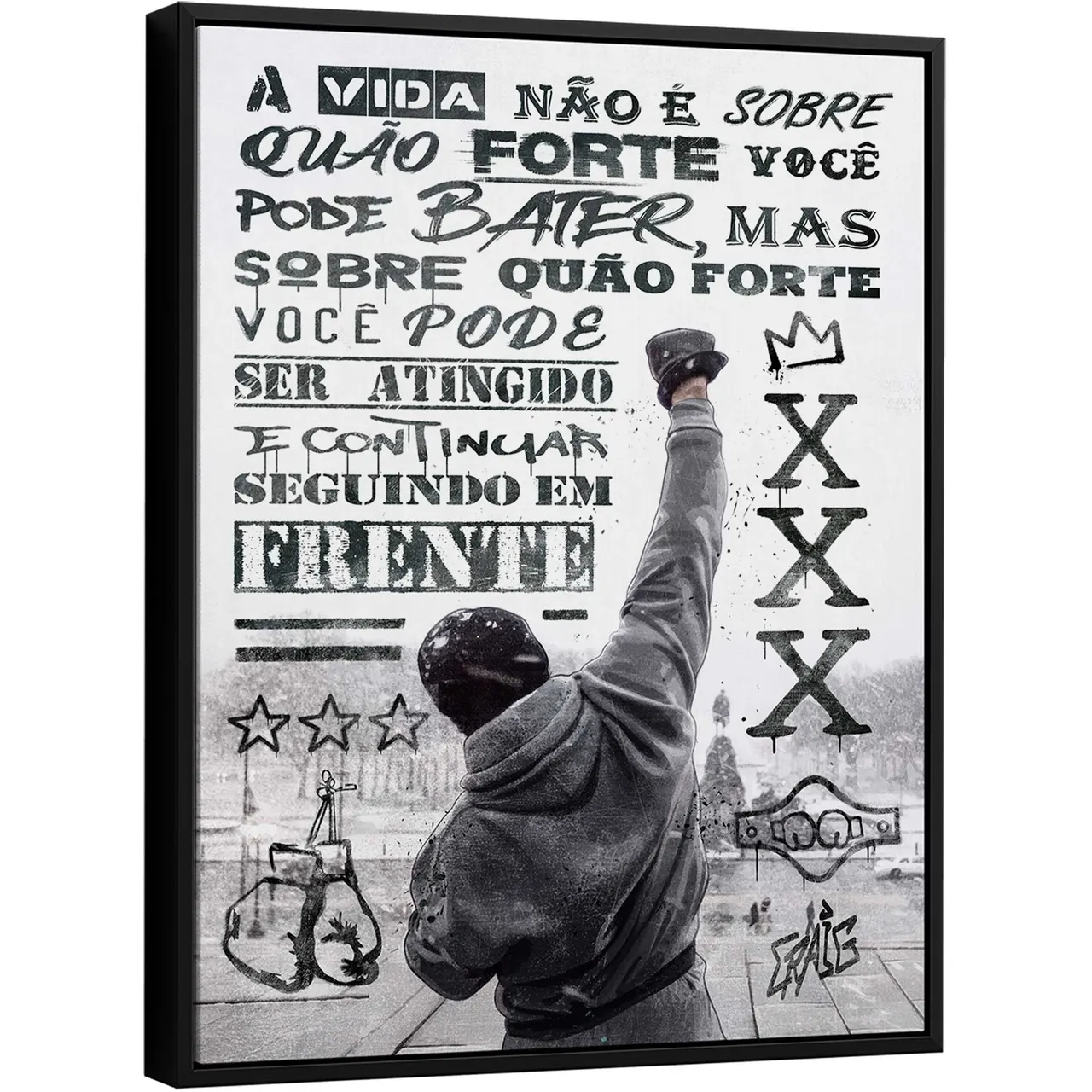 Quadro Rocky Balboa com punho erguido e texto do discurso