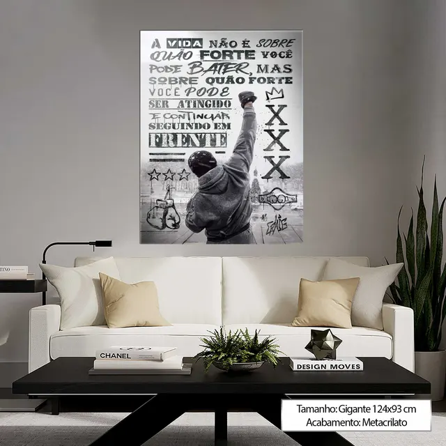 Quadro Rocky Balboa em sala com sofá claro
