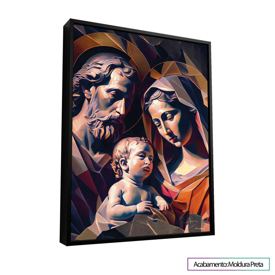 Quadro Sagrada Família Geométrica com moldura de filete preta