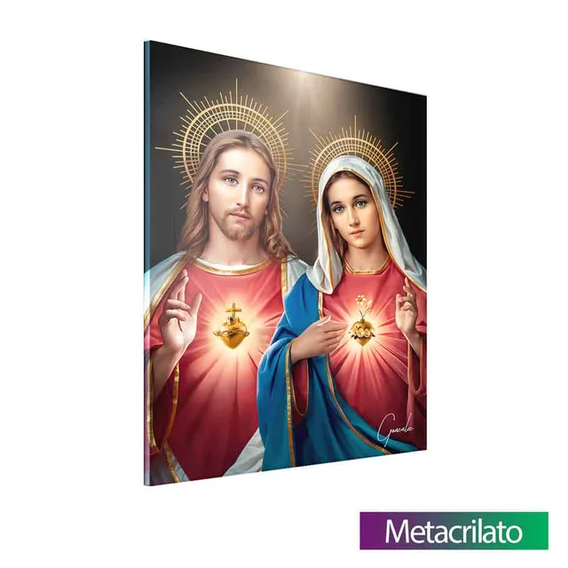 Quadro Sagrado Coração de Jesus e o Imaculado Coração de Maria com acabamento em metacrilato