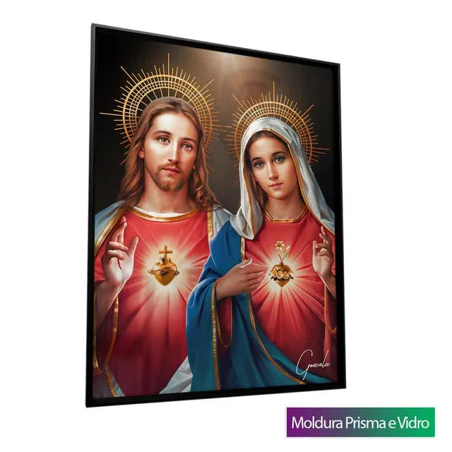 Quadro Sagrado Coração de Jesus e o Imaculado Coração de Maria com moldura Prisma e vidro