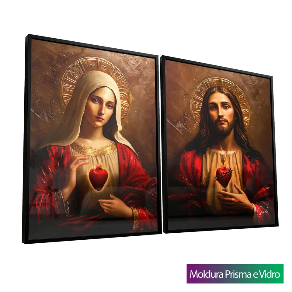 Quadro Sagrado Coração de Jesus e o Imaculado Coração de Maria 2 Peças com moldura Prisma e vidro