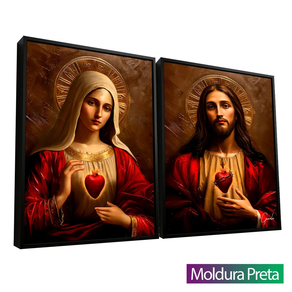 Quadro Sagrado Coração de Jesus e o Imaculado Coração de Maria 2 Peças com moldura de filete preta