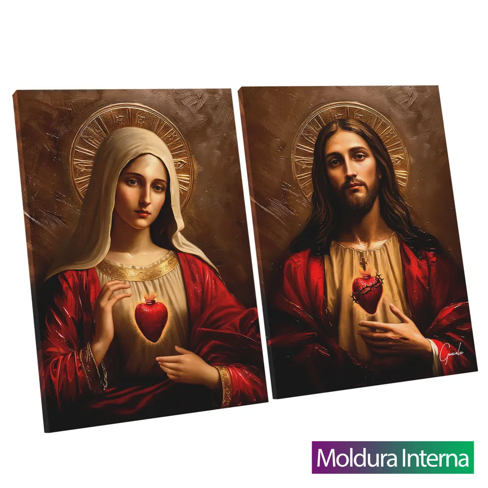 Quadro Sagrado Coração de Jesus e o Imaculado Coração de Maria 2 Peças com moldura interna