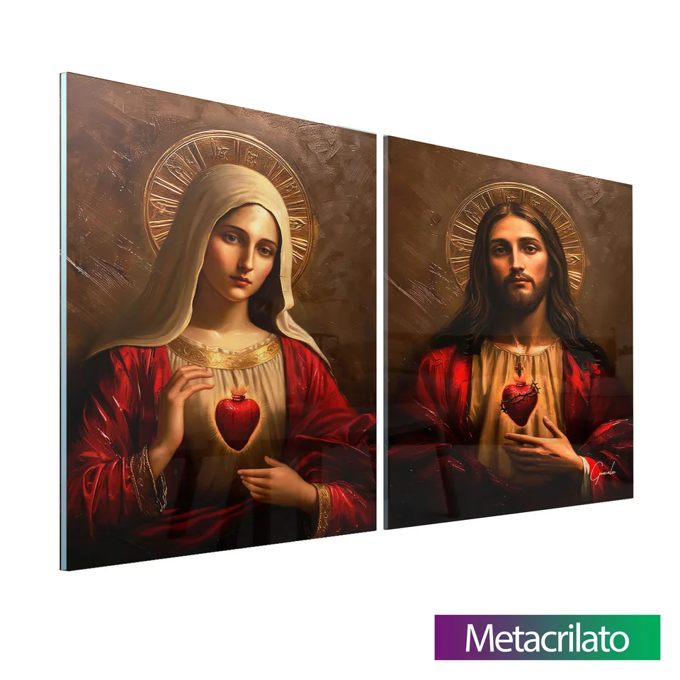 Quadro Sagrado Coração de Jesus e o Imaculado Coração de Maria 2 Peças com acabamento em metacrilato