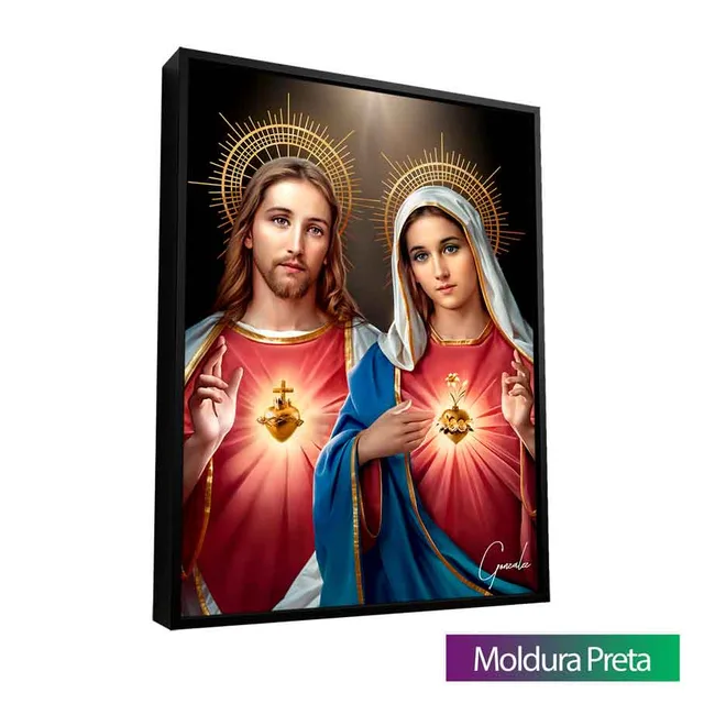 Quadro Sagrado Coração de Jesus e o Imaculado Coração de Maria com moldura de filete preta