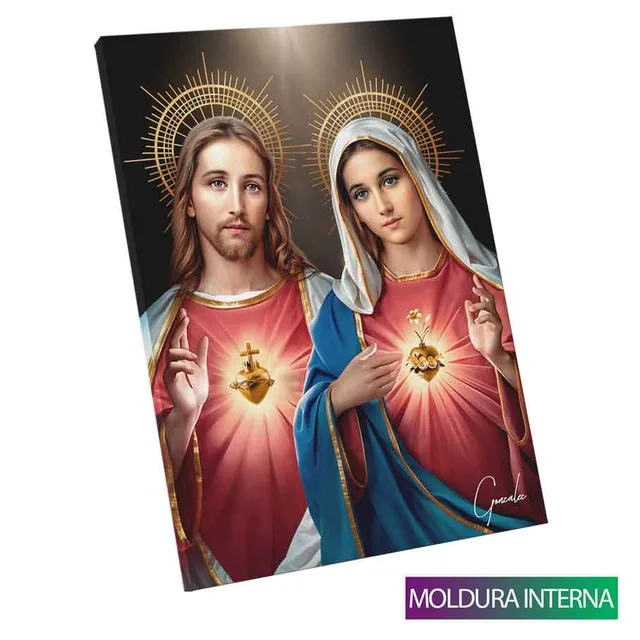 Quadro Sagrado Coração de Jesus e o Imaculado Coração de Maria com moldura interna