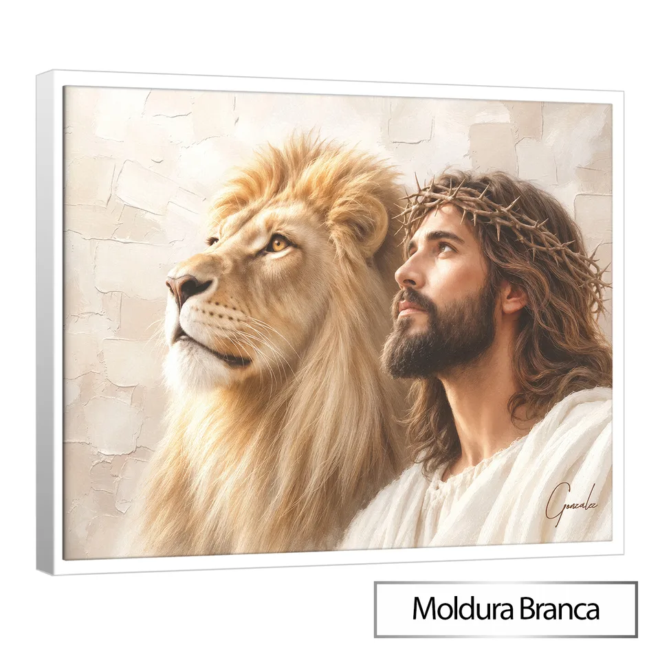 Quadro Salvador, O Leão de Judá - Coleção Cream Art com moldura de filete branca