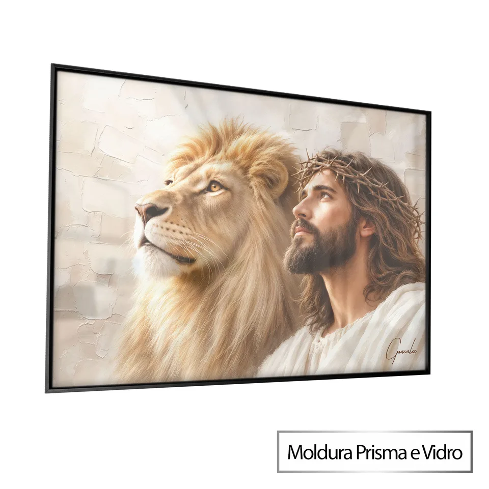 Quadro Salvador, O Leão de Judá - Coleção Cream Art com moldura Prisma e vidro