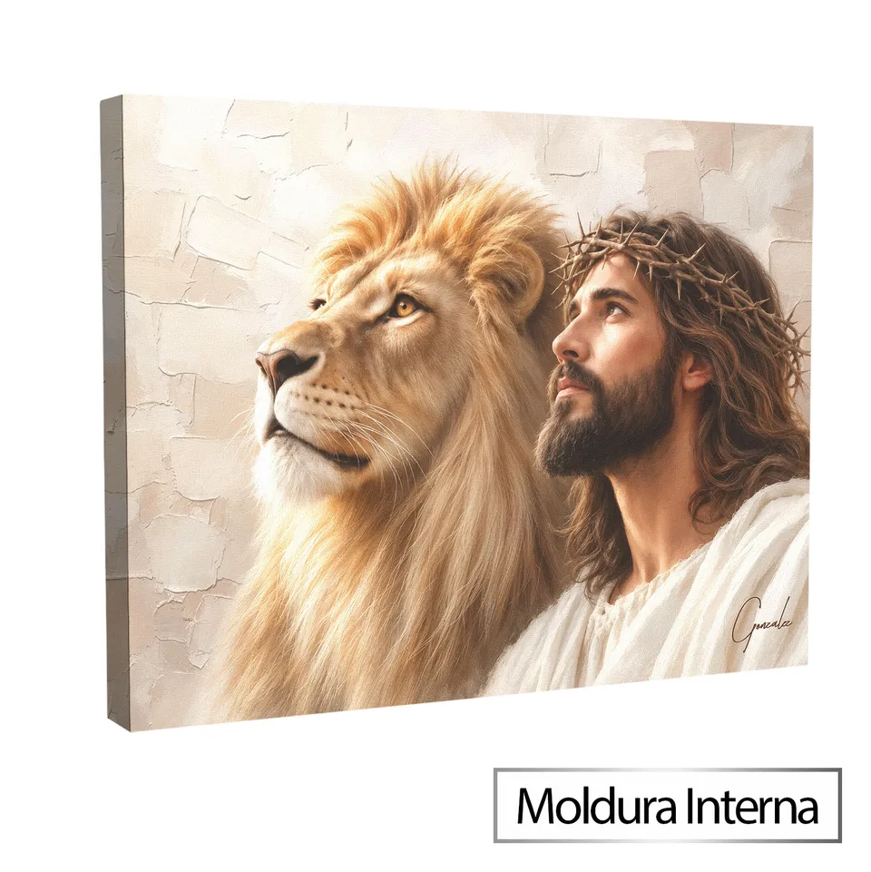 Quadro Salvador, O Leão de Judá - Coleção Cream Art com moldura interna