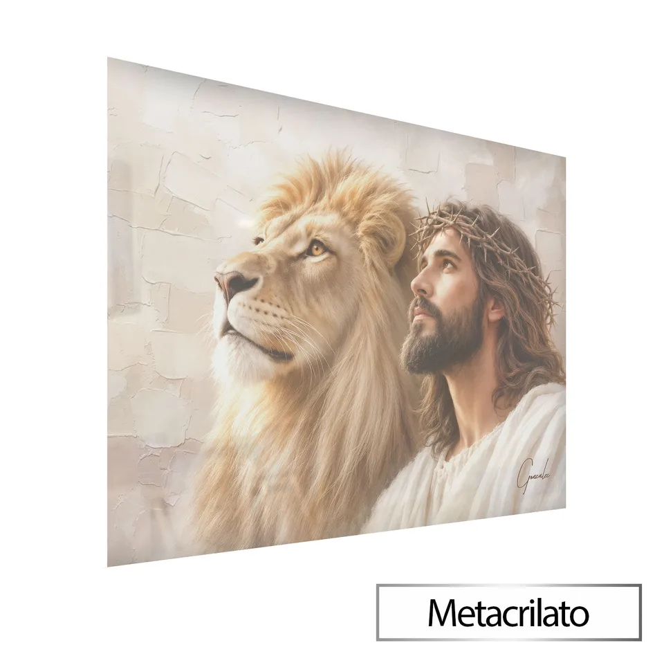 Quadro Salvador, O Leão de Judá - Coleção Cream Art com acabamento em metacrilato