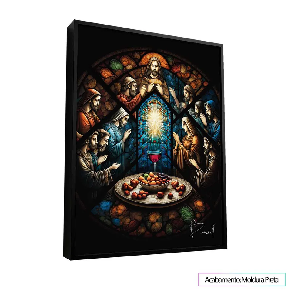 Quadro Santa Ceia Amadeirado com moldura de filete preta