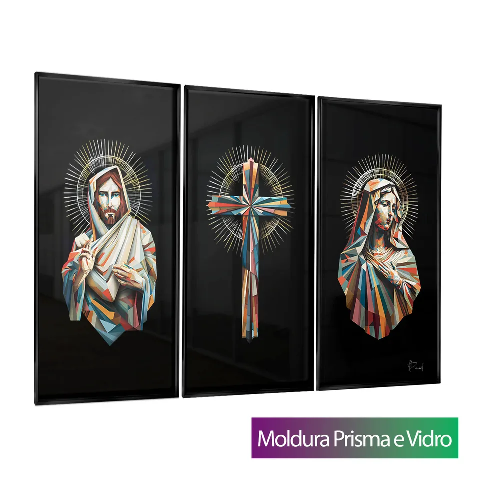 Quadro Santidade Geométrica 3 Peças com moldura Prisma e vidro