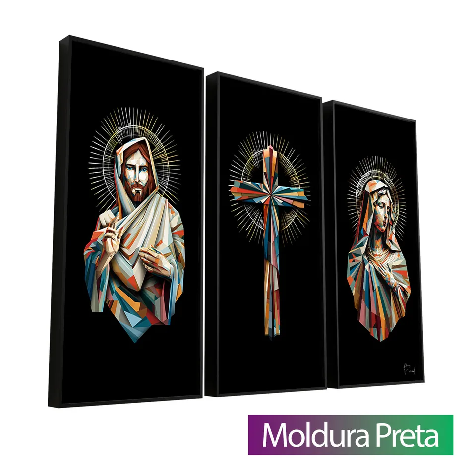 Quadro Santidade Geométrica 3 Peças com moldura de filete preta