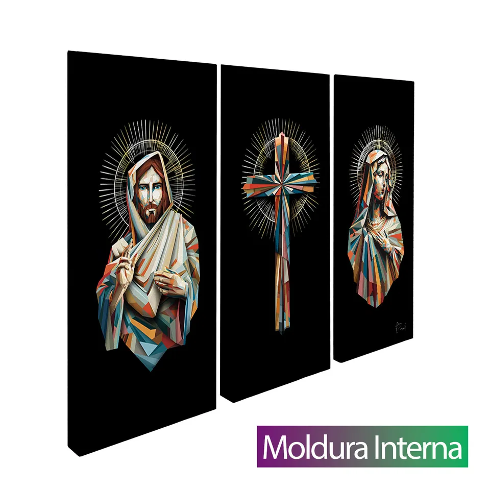 Quadro Santidade Geométrica 3 Peças com moldura interna