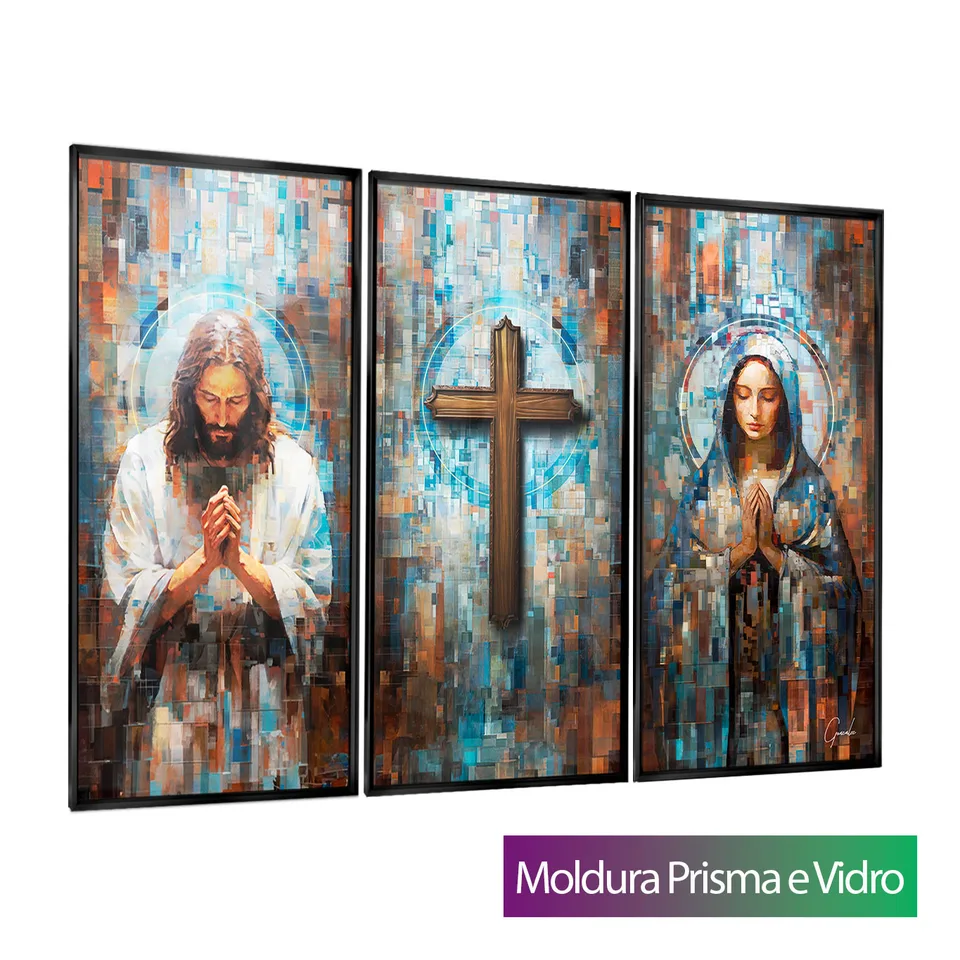 Quadro Santidade Grid Art 3 Peças com moldura Prisma e vidro