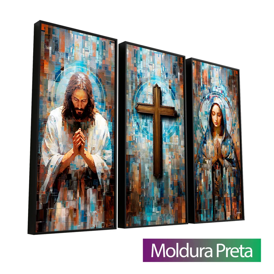 Quadro Santidade Grid Art 3 Peças com moldura de filete preta