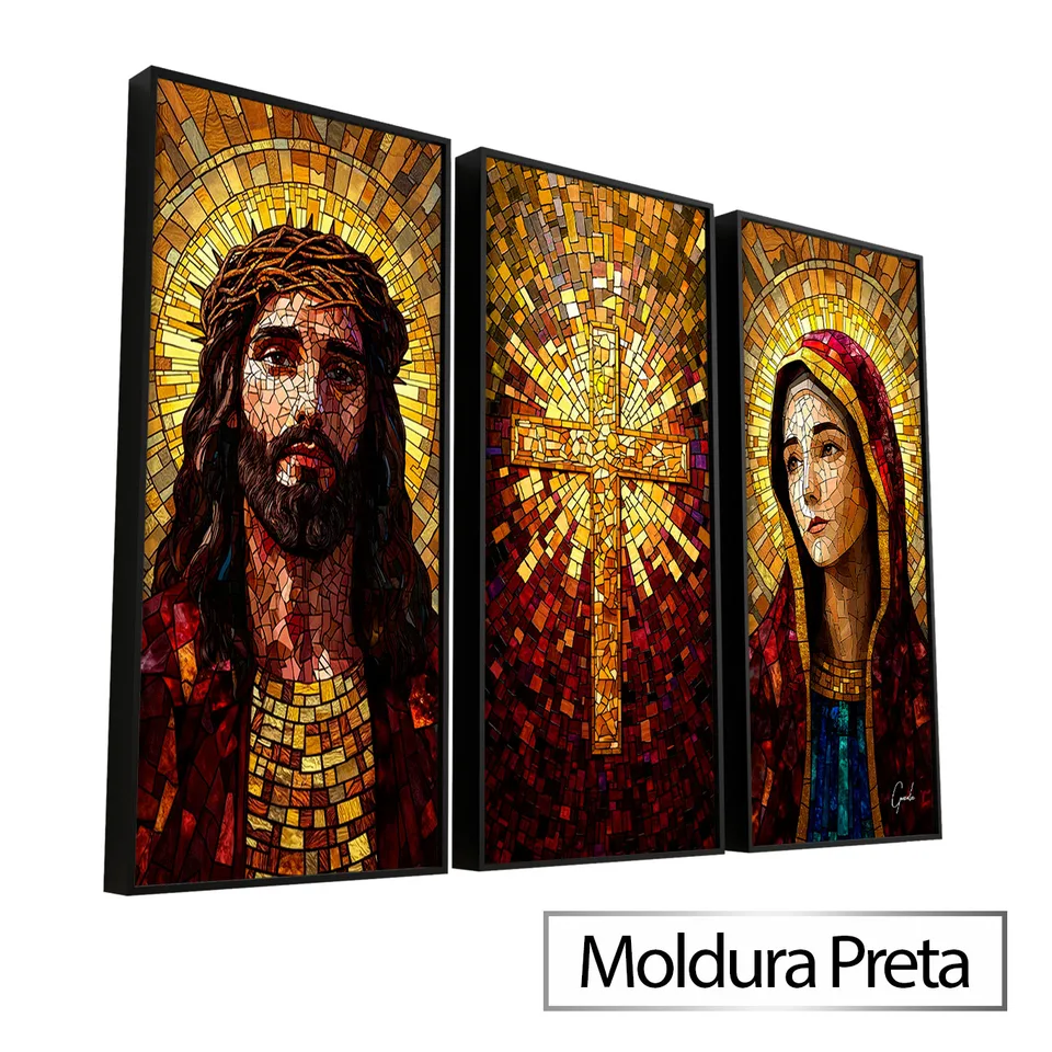 Quadro Santidade Vitrart 3 Peças com moldura de filete preta
