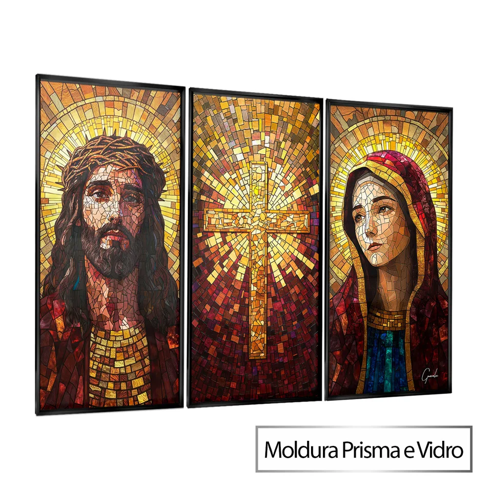 Quadro Santidade Vitrart 3 Peças com moldura Prisma e vidro