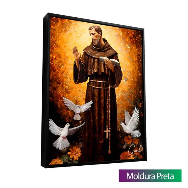 Quadro São Francisco de Assis Strati D'Oro com moldura de filete preta