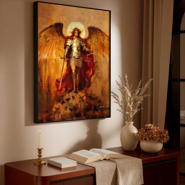 Quadro São Miguel Arcanjo Strati D'Arte em sala com mesa lateral e livros