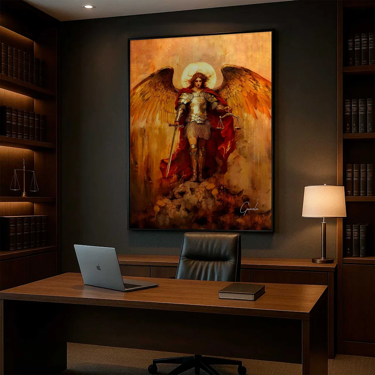 Quadro São Miguel Arcanjo Strati D'Arte, de Gonzalez, em tons de ouro e ocre, em escritório com mesa e notebook