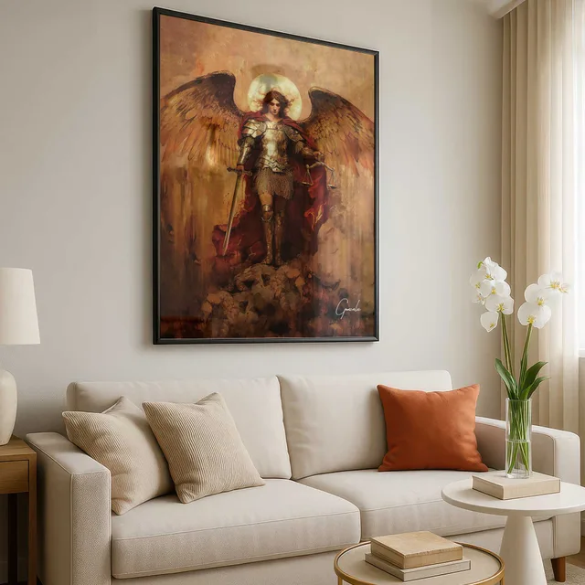Quadro São Miguel Arcanjo Strati D'Arte acima de sofá claro