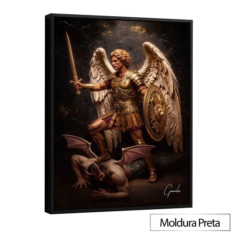 Quadro São Miguel Dourado com moldura de filete preta