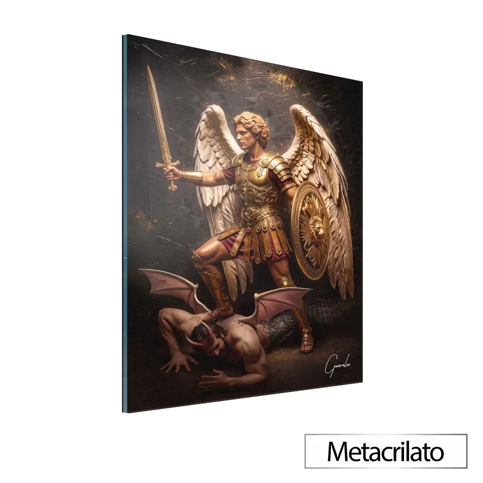 Quadro São Miguel Dourado com acabamento em metacrilato