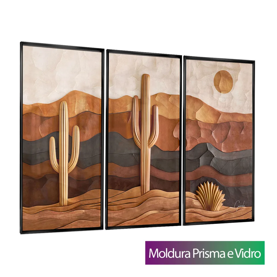 Quadro Sertão Amadeirado 3 Peças com moldura Prisma e vidro