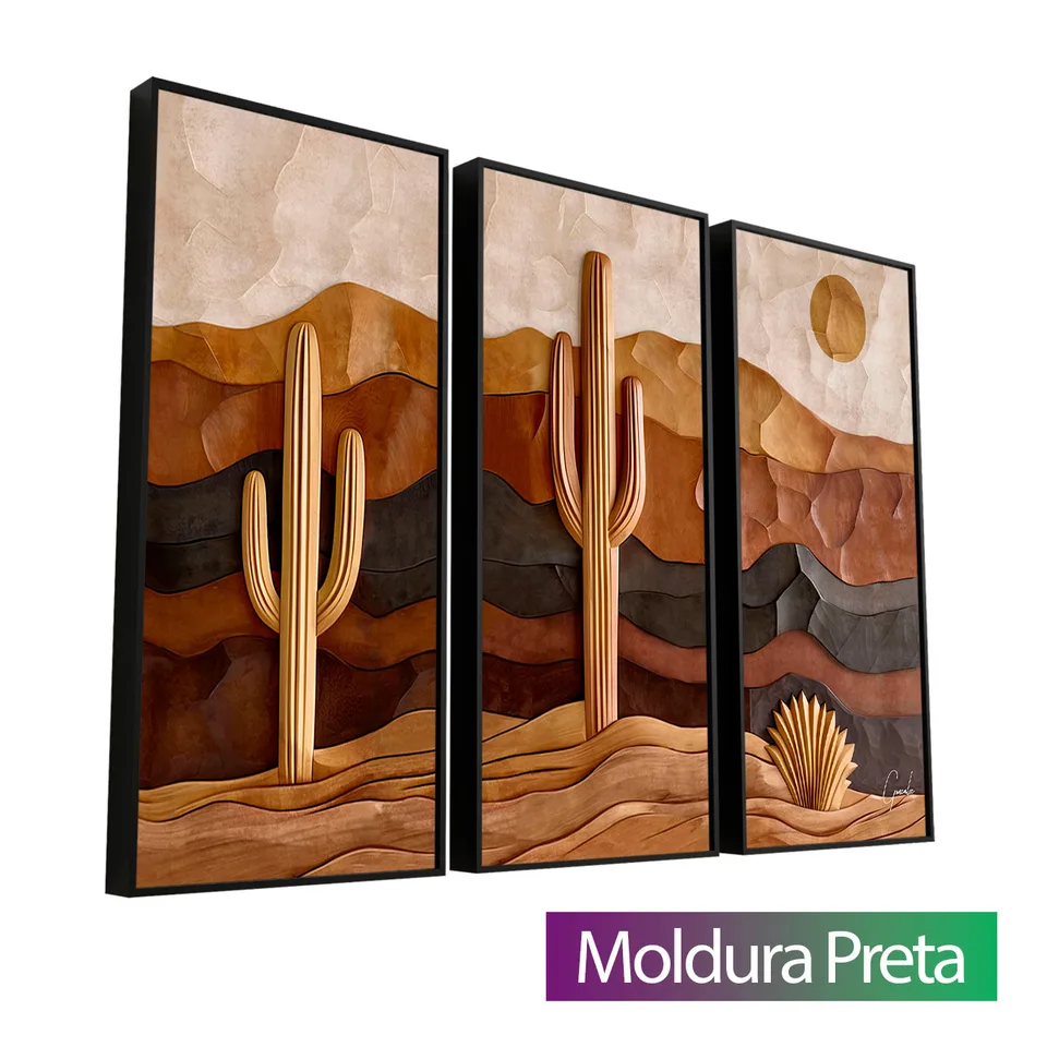 Quadro Sertão Amadeirado 3 Peças com moldura de filete preta