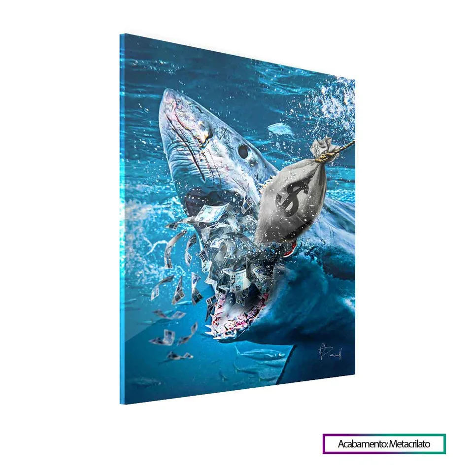 Quadro Shark Money com acabamento em metacrilato