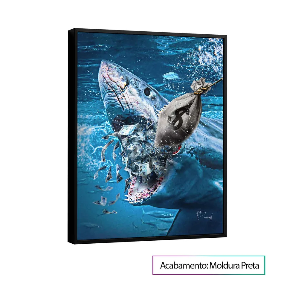 Quadro Shark Money com moldura de filete preta