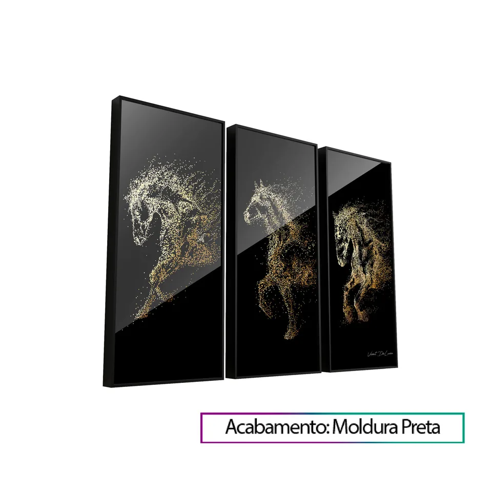 Quadro Trio de Cavalos Dourados com moldura Prisma e vidro