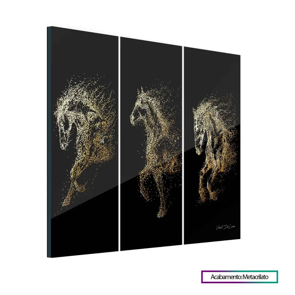 Quadro Trio de Cavalos Dourados com acabamento em metacrilato
