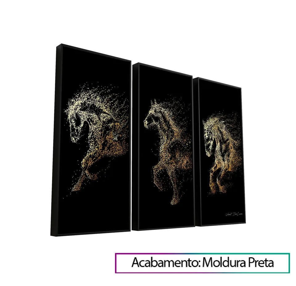 Quadro Trio de Cavalos Dourados com moldura de filete preta
