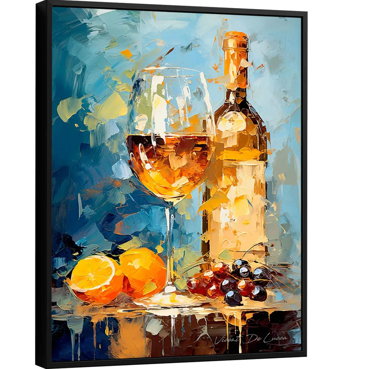 Quadro Vinho Branco, garrafa e taça em composição com frutas