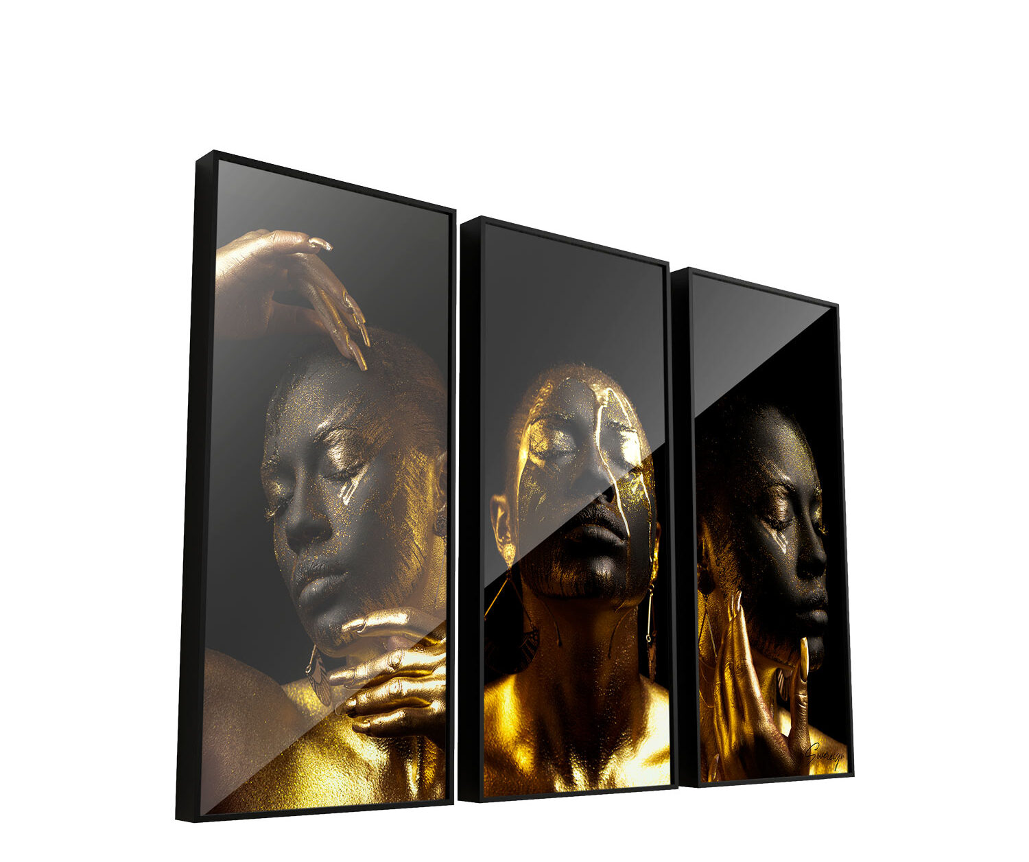 Quadro decorativo para sala de tv 3 peças africanas pintadas de ouro