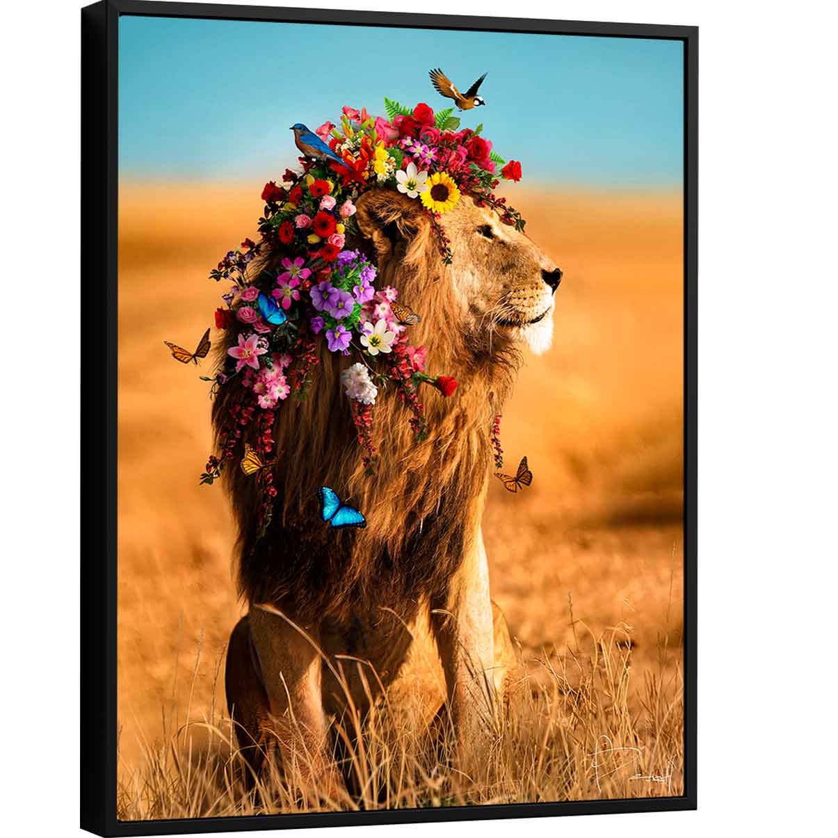 Quadro decorativo para sala de tv leão florido 