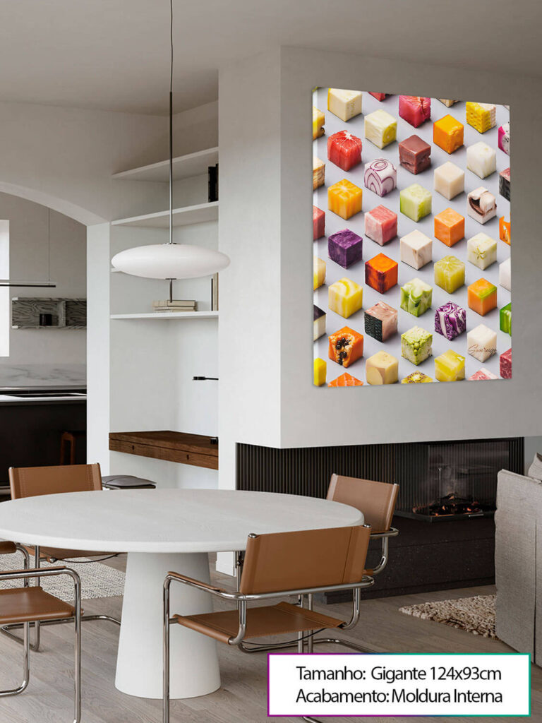 quadro decorativo na parede de uma sala de cozinha americana com legumes cortados em cubos na arte