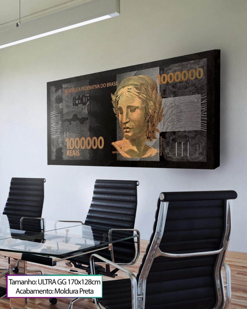 quadro nota de 1 milhão de reais na parede da sala de reunião