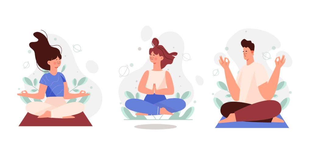 Ilustração de três pessoas praticando Yoga