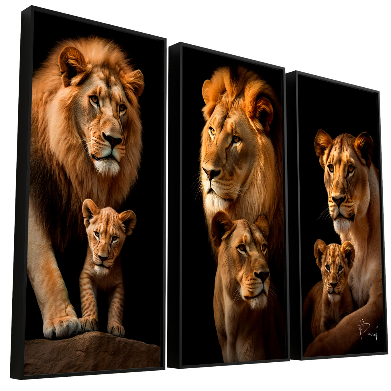 Quadro Retratos da Família de Leões - 2 Filhotes 3 Peças
